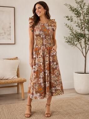 Paisley Smocked Midi Dress Code Mode Ruffle Sleeve Boho Size Large